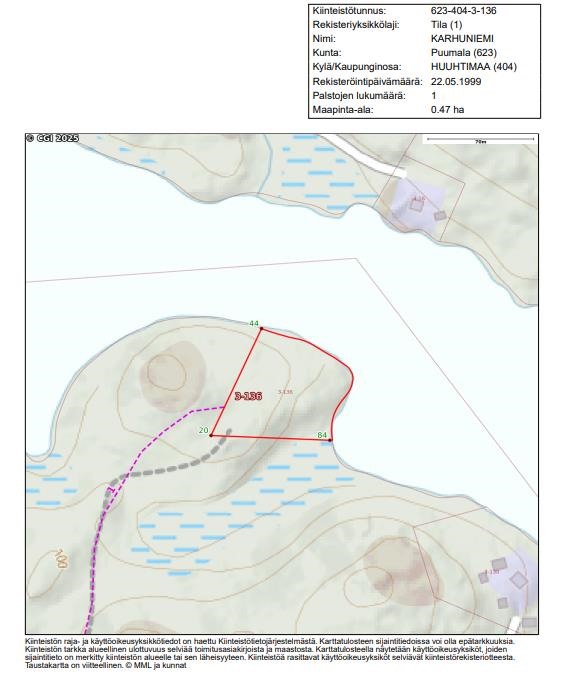 Kuva kiinteistön rajoista (violetti katkoviiva tar