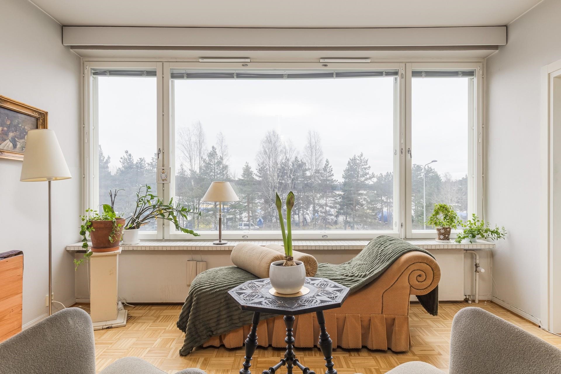 Ikkunanäkymää olohuoneesta.