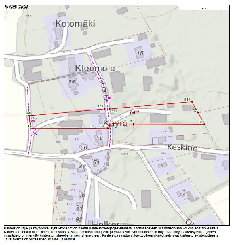 myytävän määräalan kartta. Määräala jakaantuu 2 "p