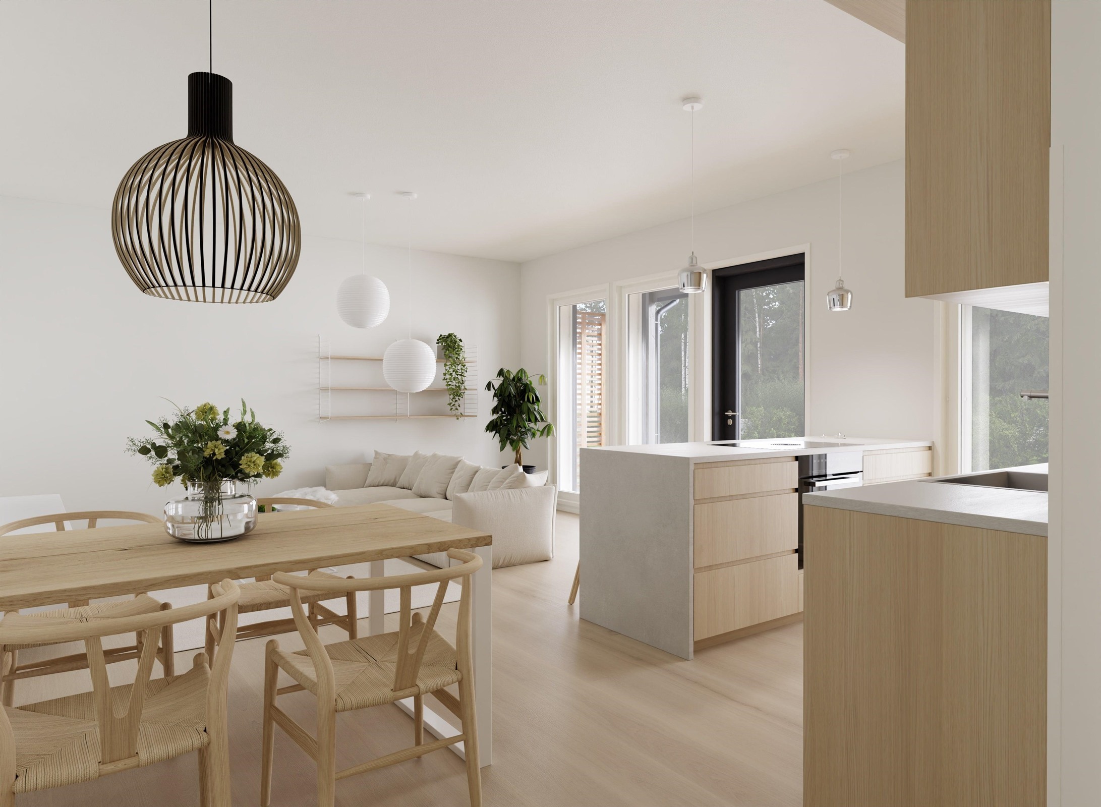 Havainnekuva keittiö/olohuone