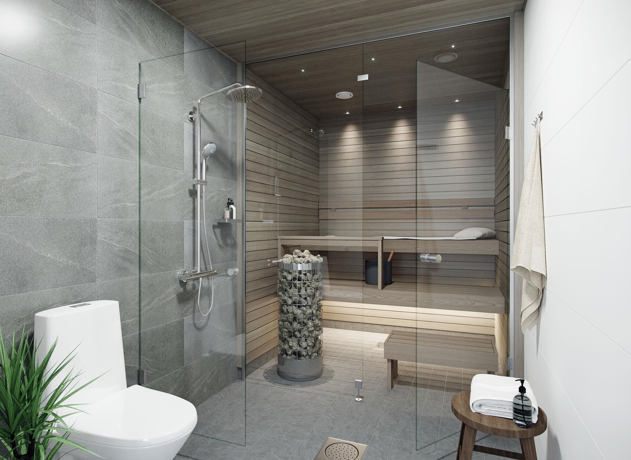 Havainnekuva rivitalohuoneiston saunasta