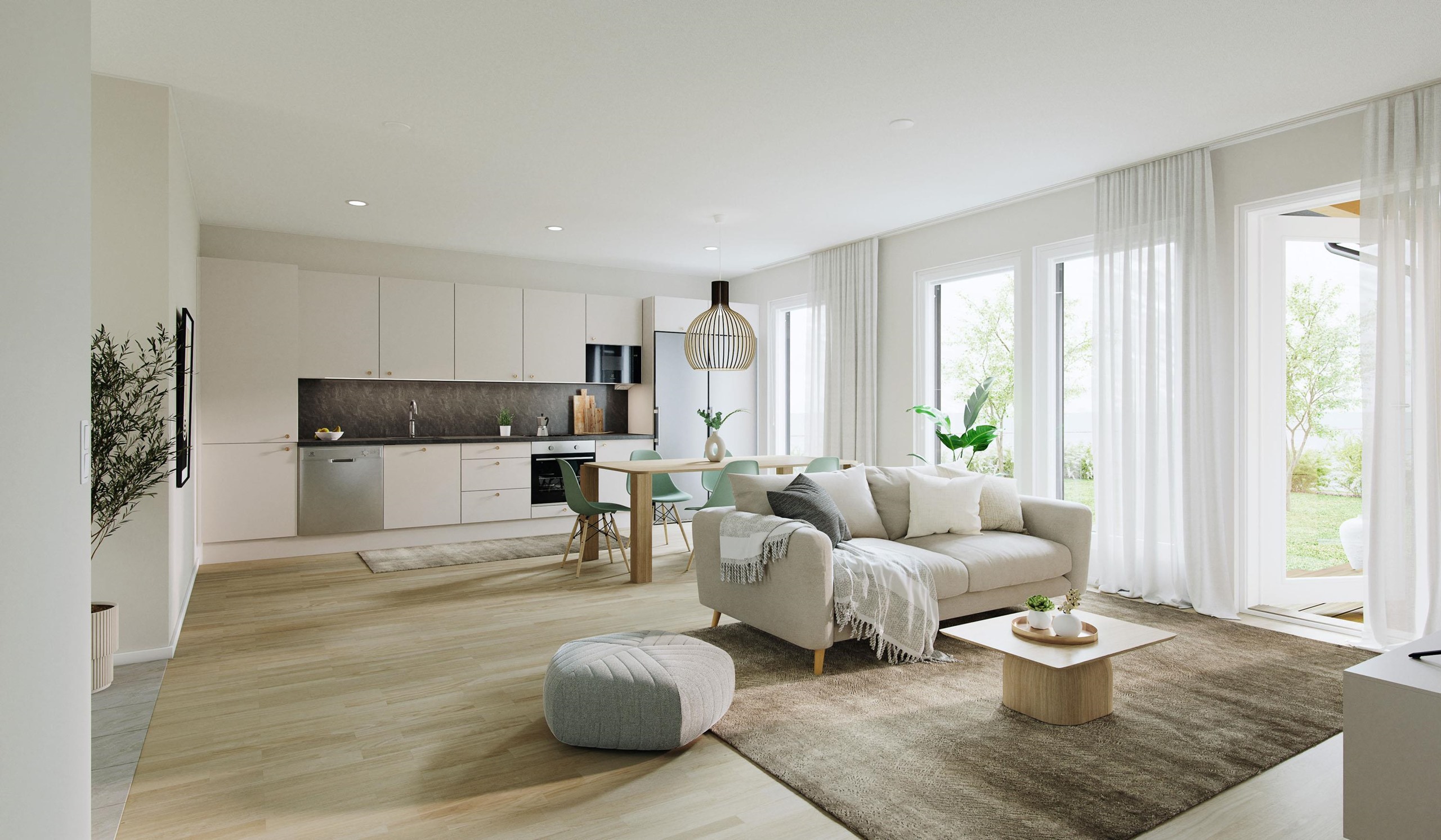 Havainnekuva erillistalon olohuoneesta